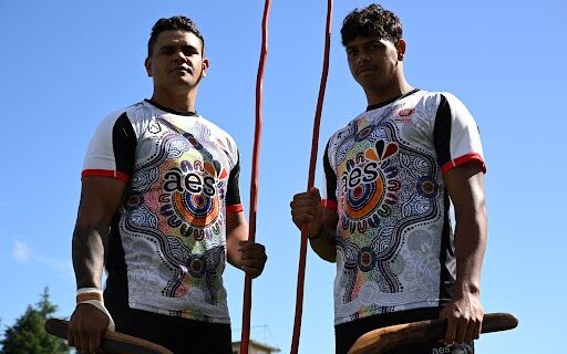 (L-R) Indigenous All Stars Latrell Mitchell and Selwyn Cobbo